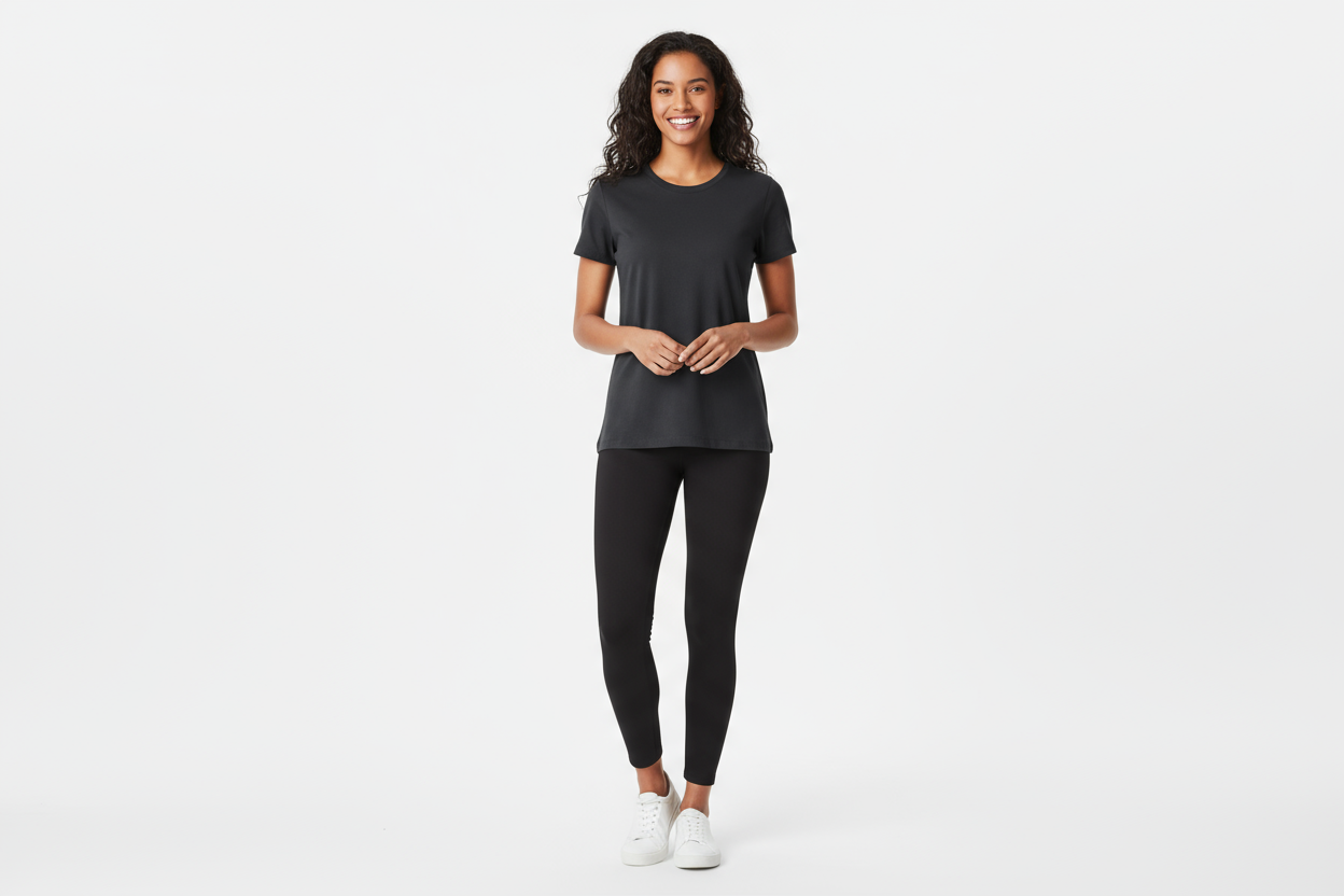 have the women wearing leggings and with a white backgroung