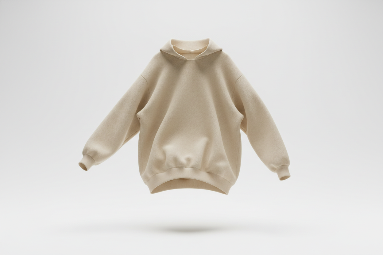 soft sweatshirt no pull strings floating in color #E7DFD3 with white background 